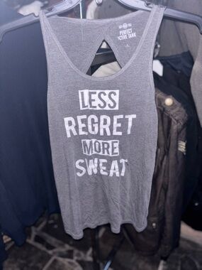 SO Gray Tank Top with White 'Less Regret More Sweat' Graphic
